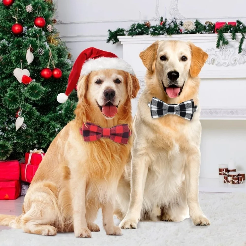 2 Pack Christmas Dog Collar w/ Bow Tie Classic Buffalo Plaid Pattern Size Large